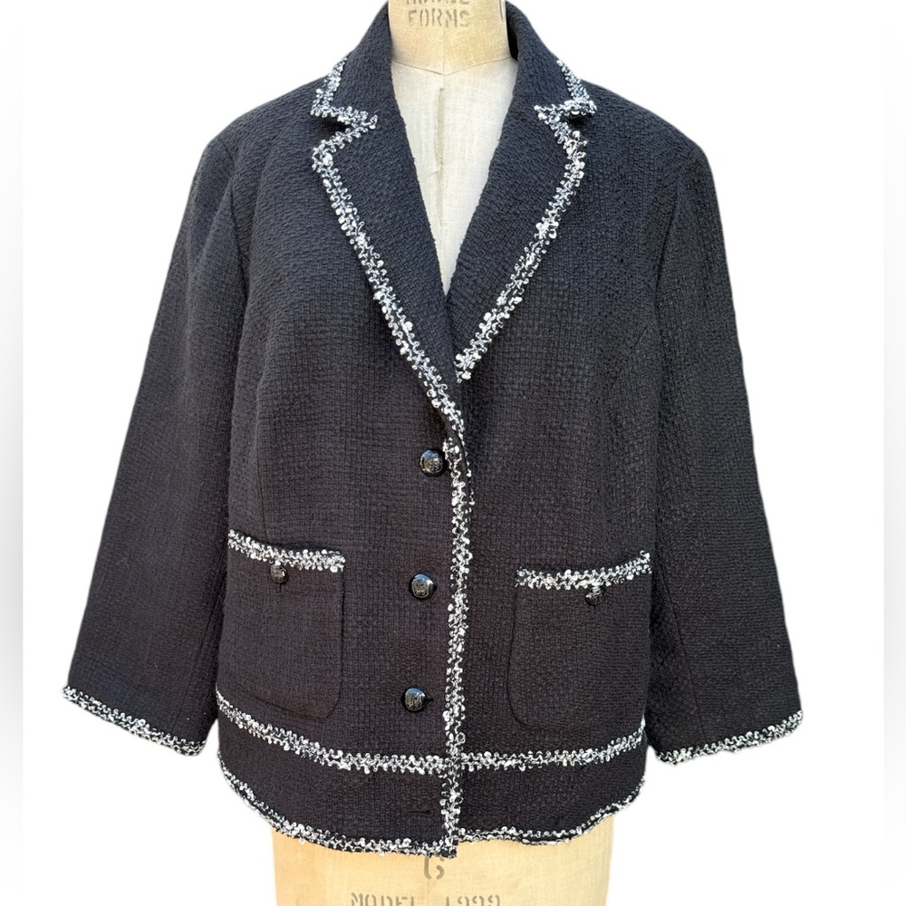 Talbots Black Tweed Blazer with White Trim